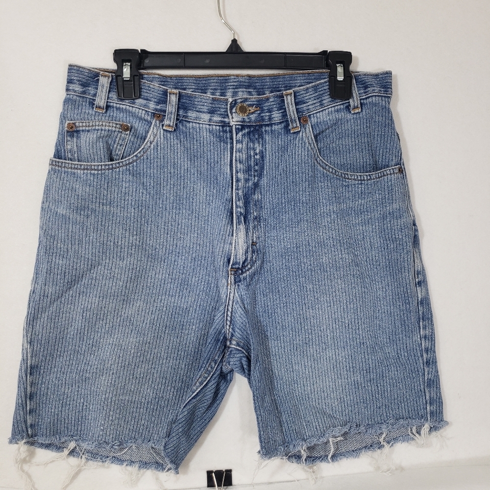 ROUTE 66 CUTOFF Shorts DENIM PINSTRIPE SHORTS HIGH RISE 32 frayed hem